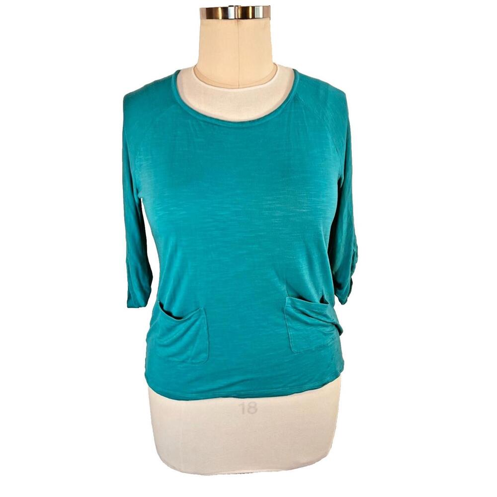 Chico's Tunic Top Womens L Carribean Blue Boat Neck Roll Tab Sleeve 2 Pockets